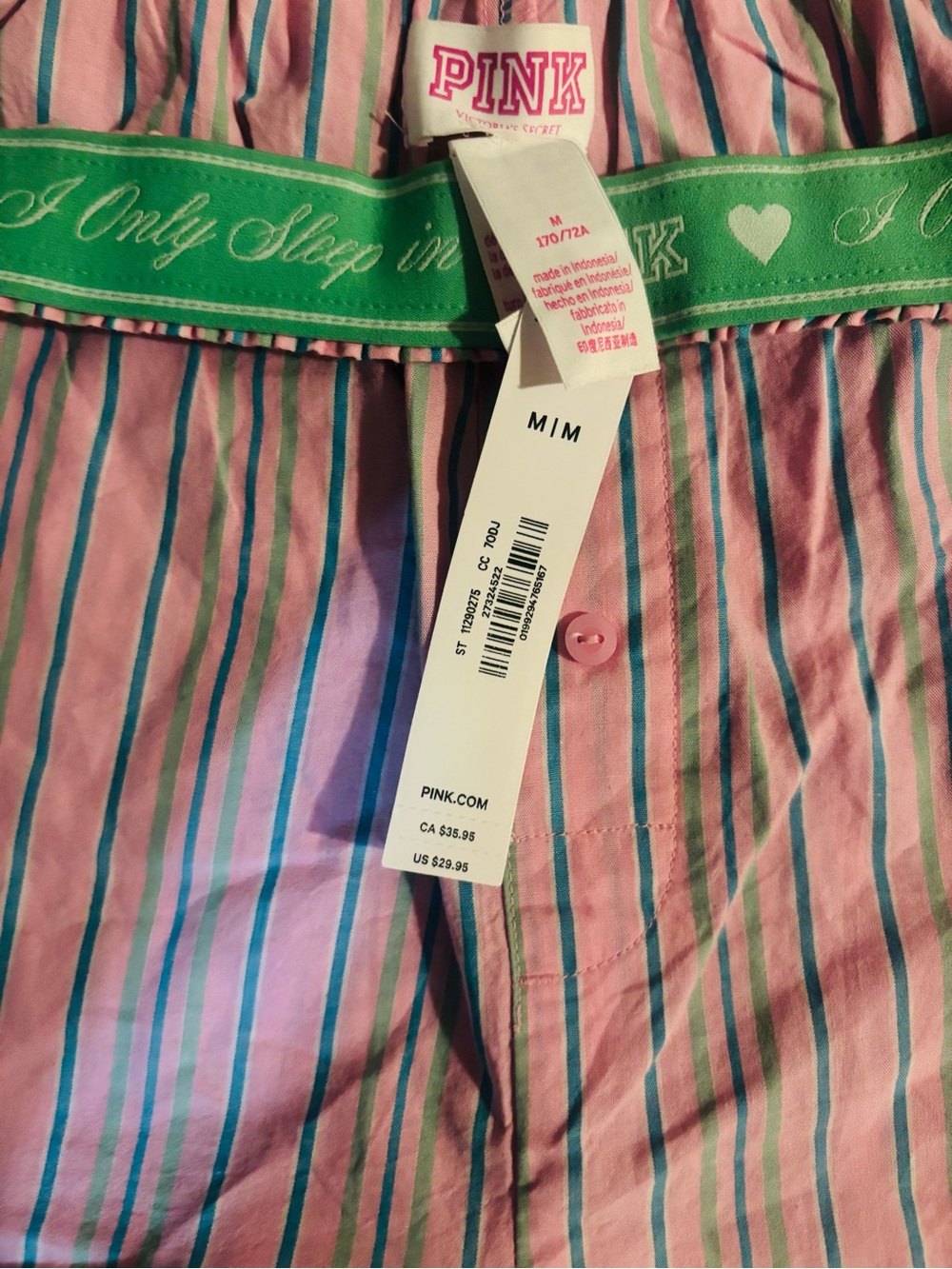 PINK Victoria's Secret Pink Striped Cotton Sleep Shorts with Green Waistband
